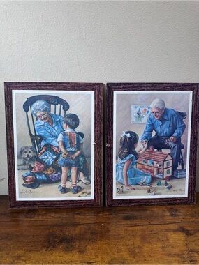 Vtg Sandra Kuck Framed Prints Pair Flowers for Grandma Grandpa Dollhouse Art Set